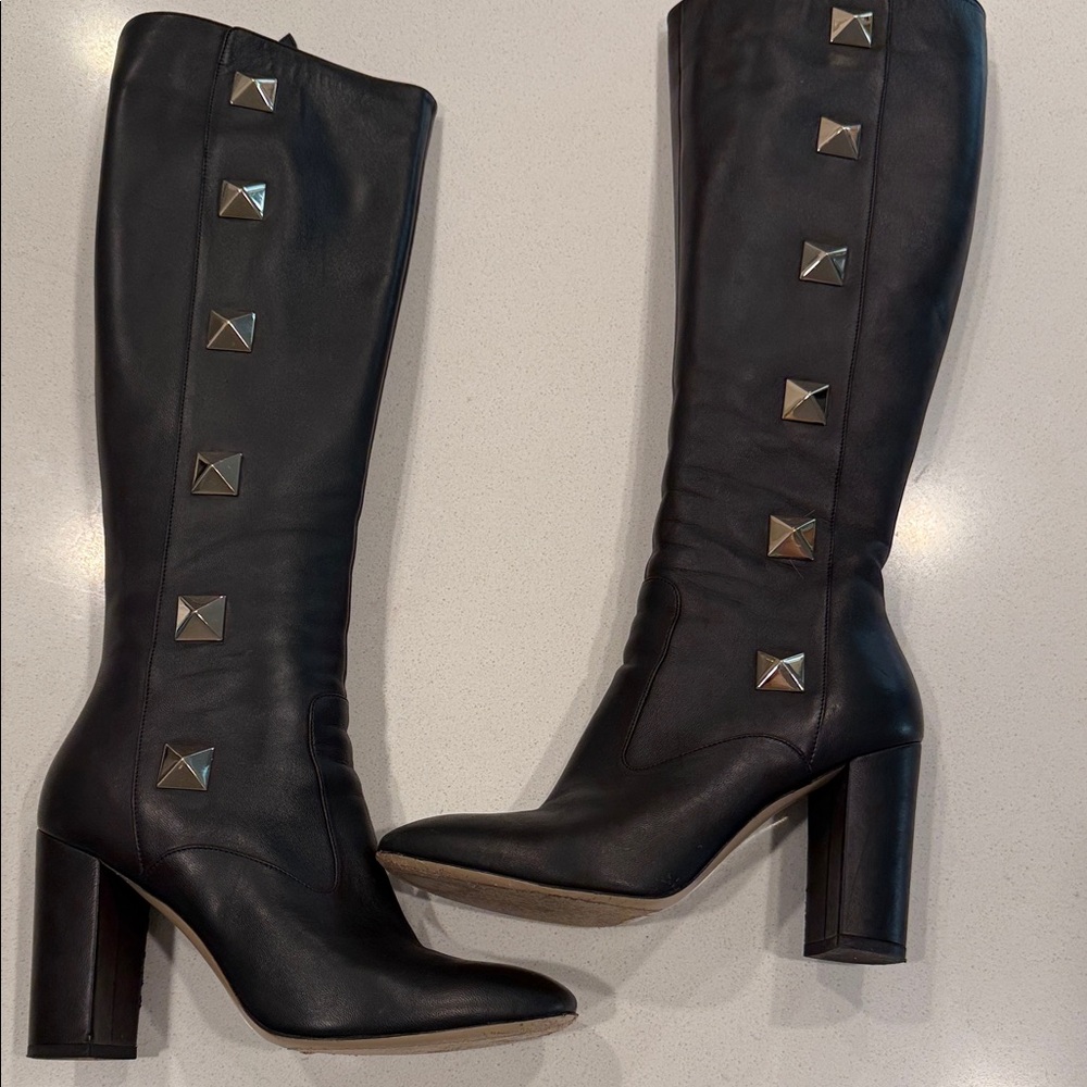 Black Leather Knee-High Boots with Stud Accents